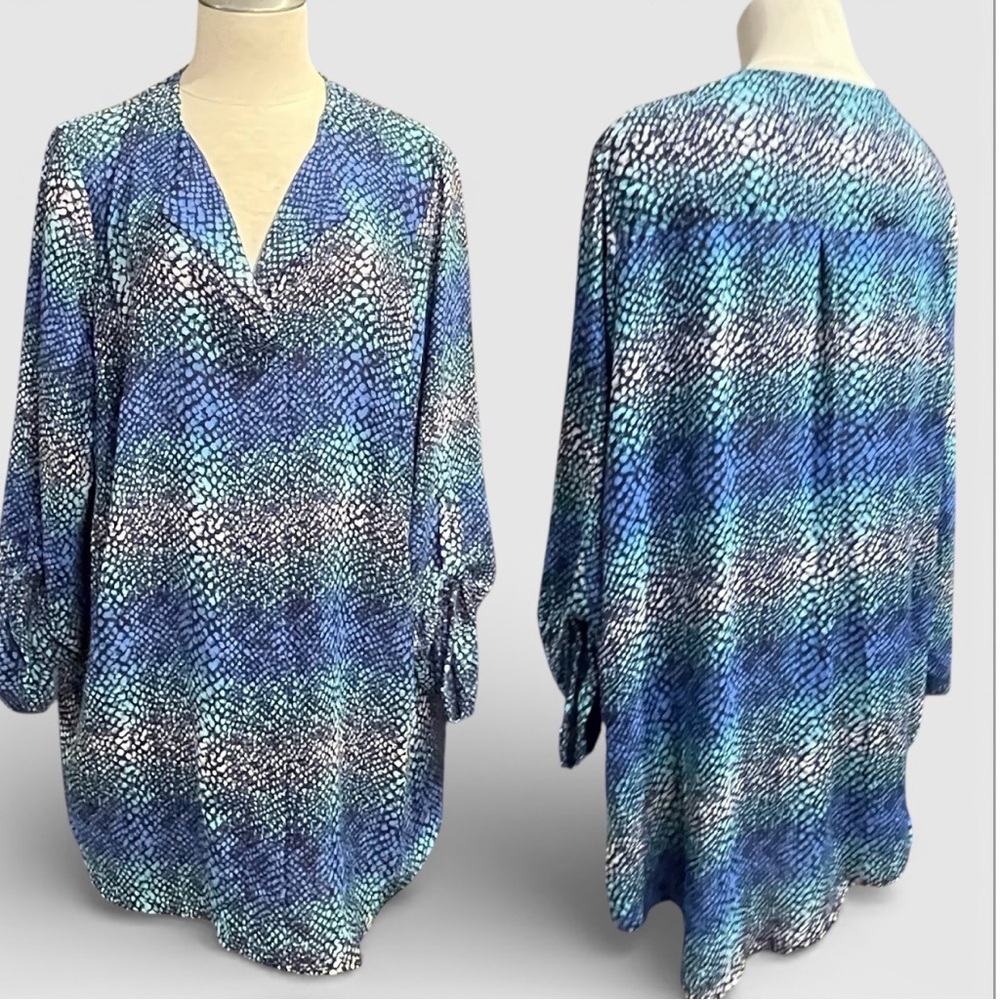 Pure Energy - Womens Blouse Top Plus Size 2X  Blue Green Adjustable Sleeves NWOT